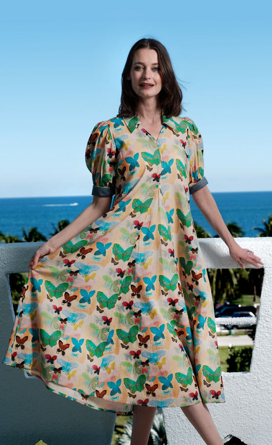 Montauk Dress Linen Cotton Neutral Butterfly Print