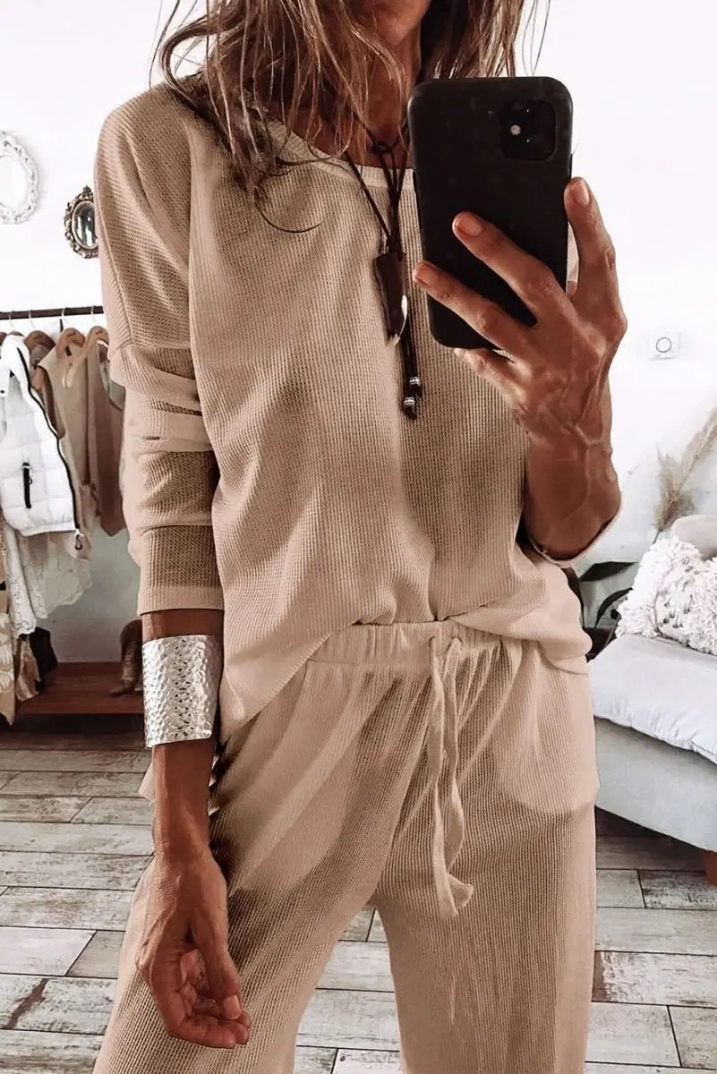 Love Salve Parchment Lounge Set Women's Home Wear Knit Top & Pants - Comfy!