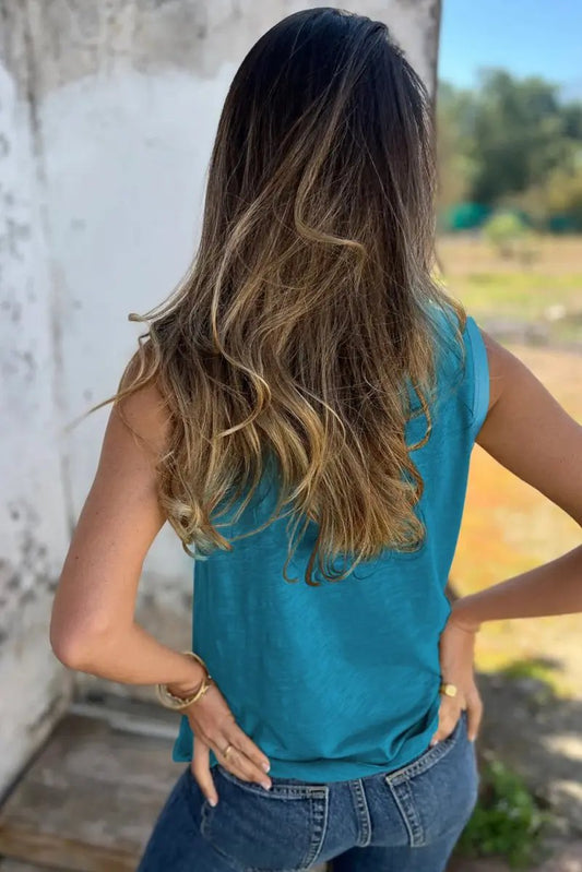 Love Salve Blue Metallic Tank Women's Casual Top: Sheen Edge, Scoop Neck