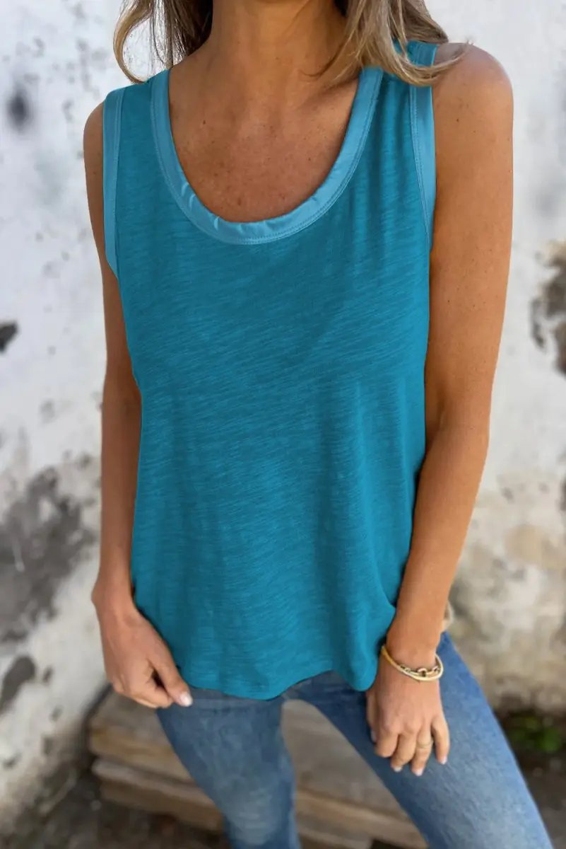 Love Salve Blue Metallic Tank Women's Casual Top: Sheen Edge, Scoop Neck