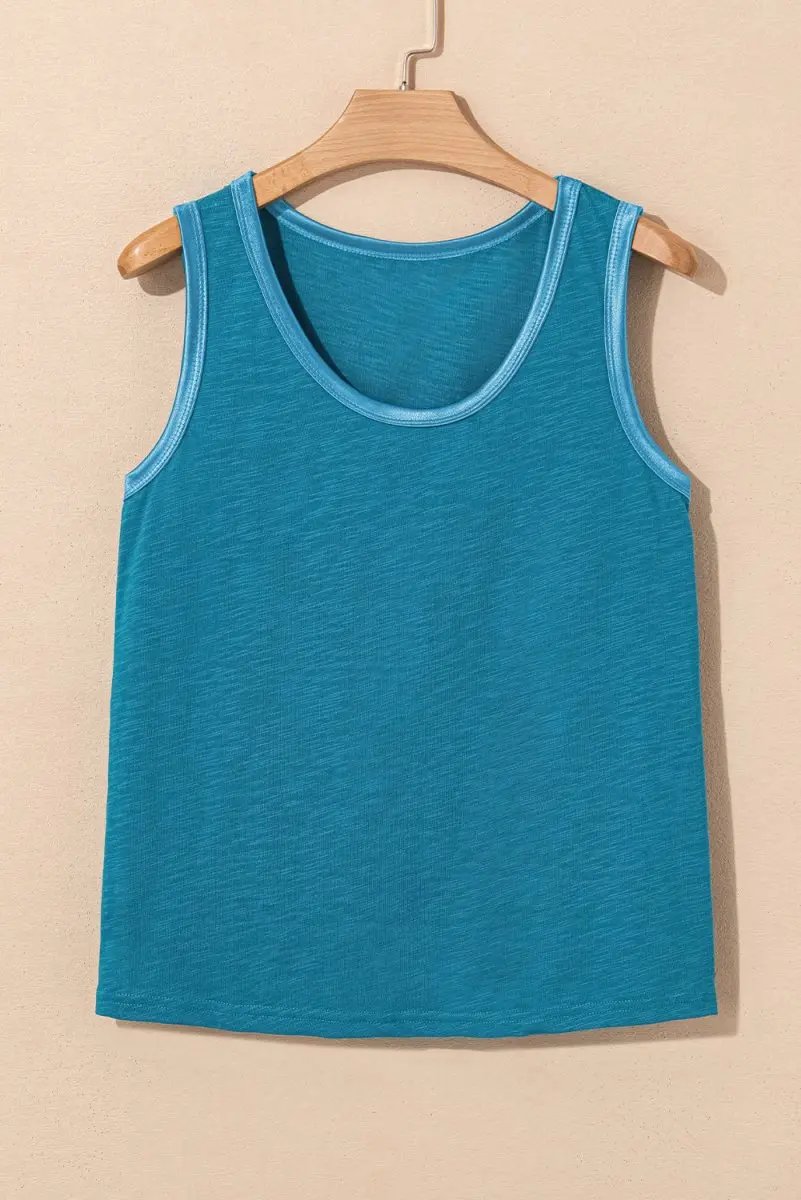 Love Salve Blue Metallic Tank Women's Casual Top: Sheen Edge, Scoop Neck