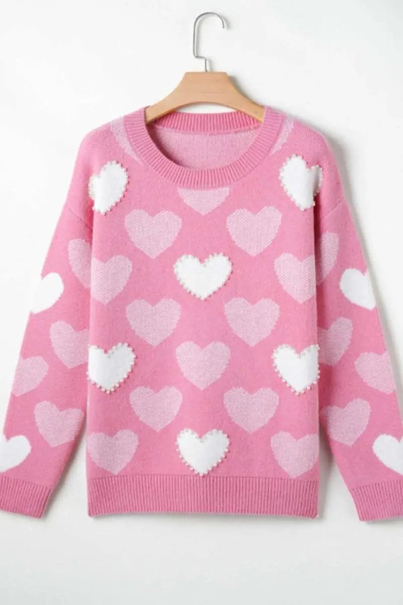 Trendsi Pearl Trim Sweater Women's Date Night Heart Neck Long Sleeve Top