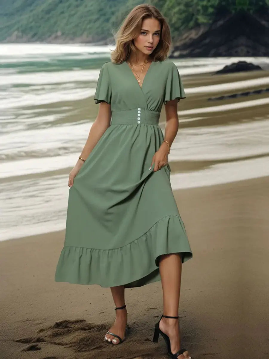 Midi Dress - Flutter Sleeve - Elegant Timeless Style