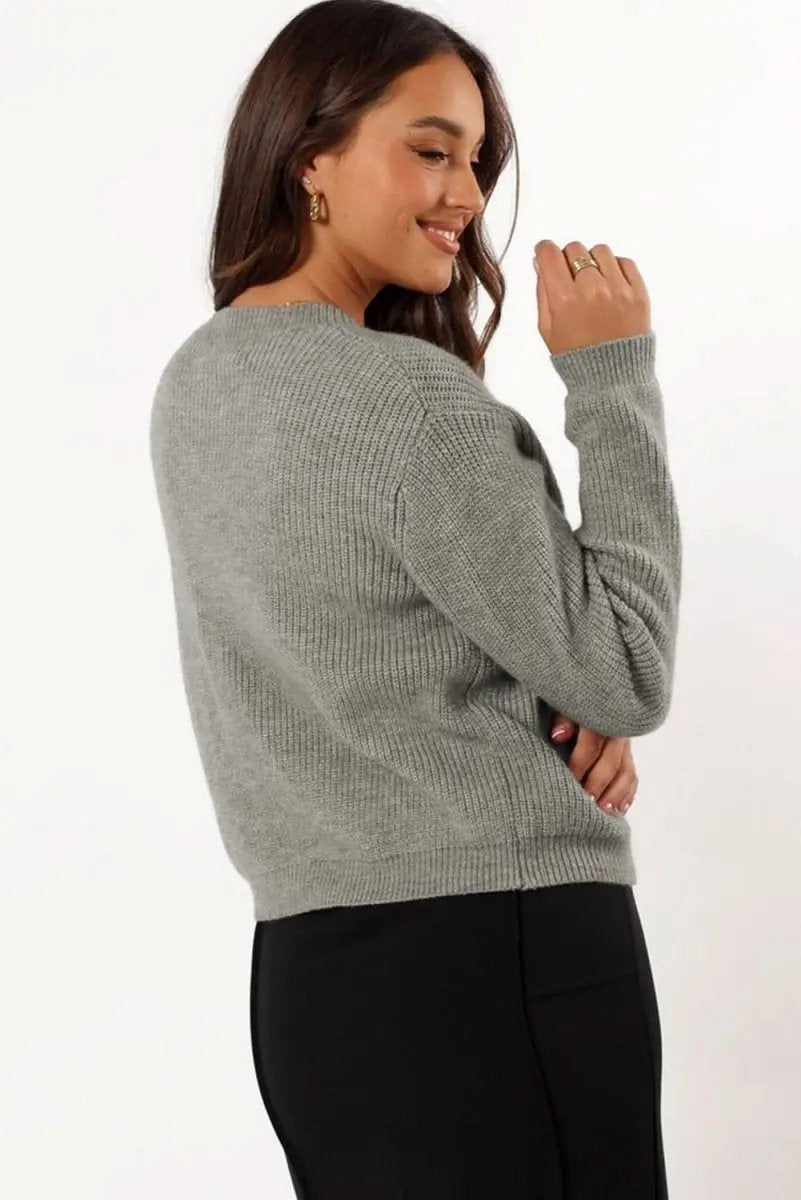 Love Salve Gray Ribbed Knit Women's Cardigan Bow Front Elegant Knitwear