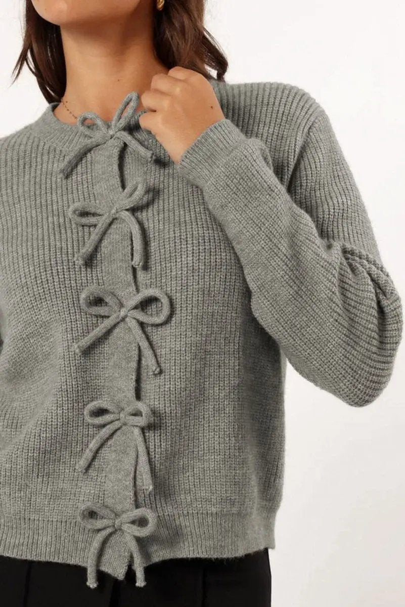 Love Salve Gray Ribbed Knit Women's Cardigan Bow Front Elegant Knitwear