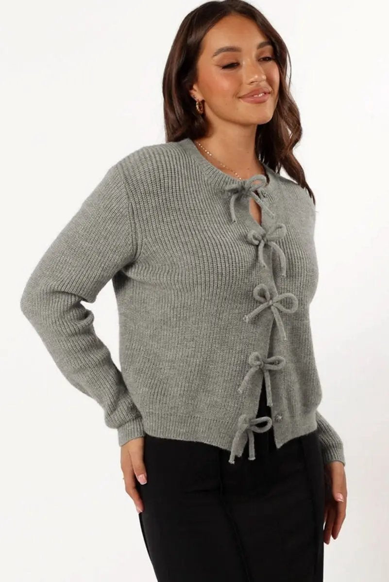 Love Salve Gray Ribbed Knit Women's Cardigan Bow Front Elegant Knitwear