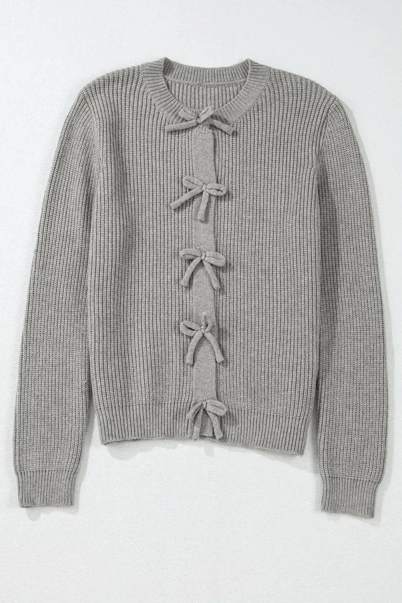 Love Salve Gray Ribbed Knit Women's Cardigan Bow Front Elegant Knitwear