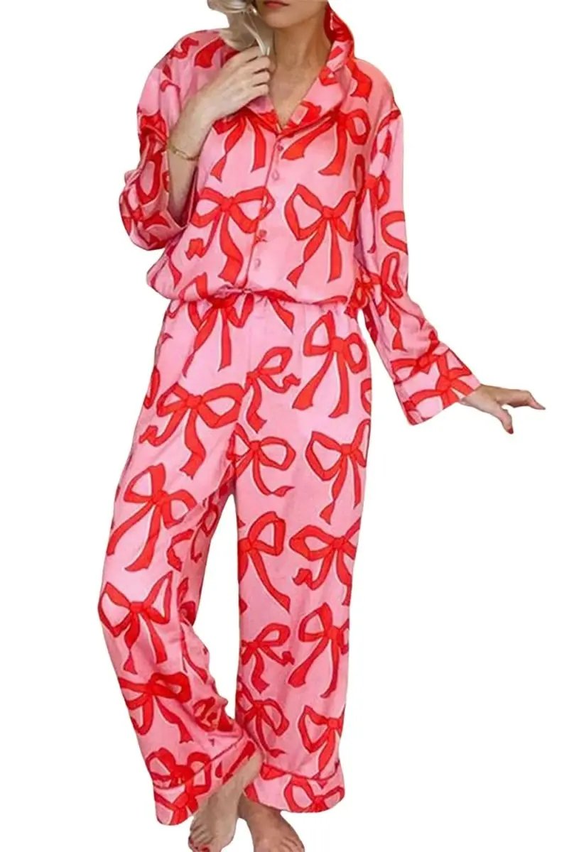 Love Salve Pink Bow Pajama Set Women's Loungewear Southern Belle Style Long Sleeve Sleepwear