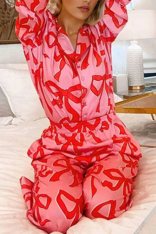 Love Salve Pink Bow Pajama Set Women's Loungewear Southern Belle Style Long Sleeve Sleepwear
