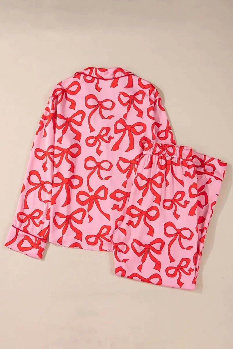 Love Salve Pink Bow Pajama Set Women's Loungewear Southern Belle Style Long Sleeve Sleepwear