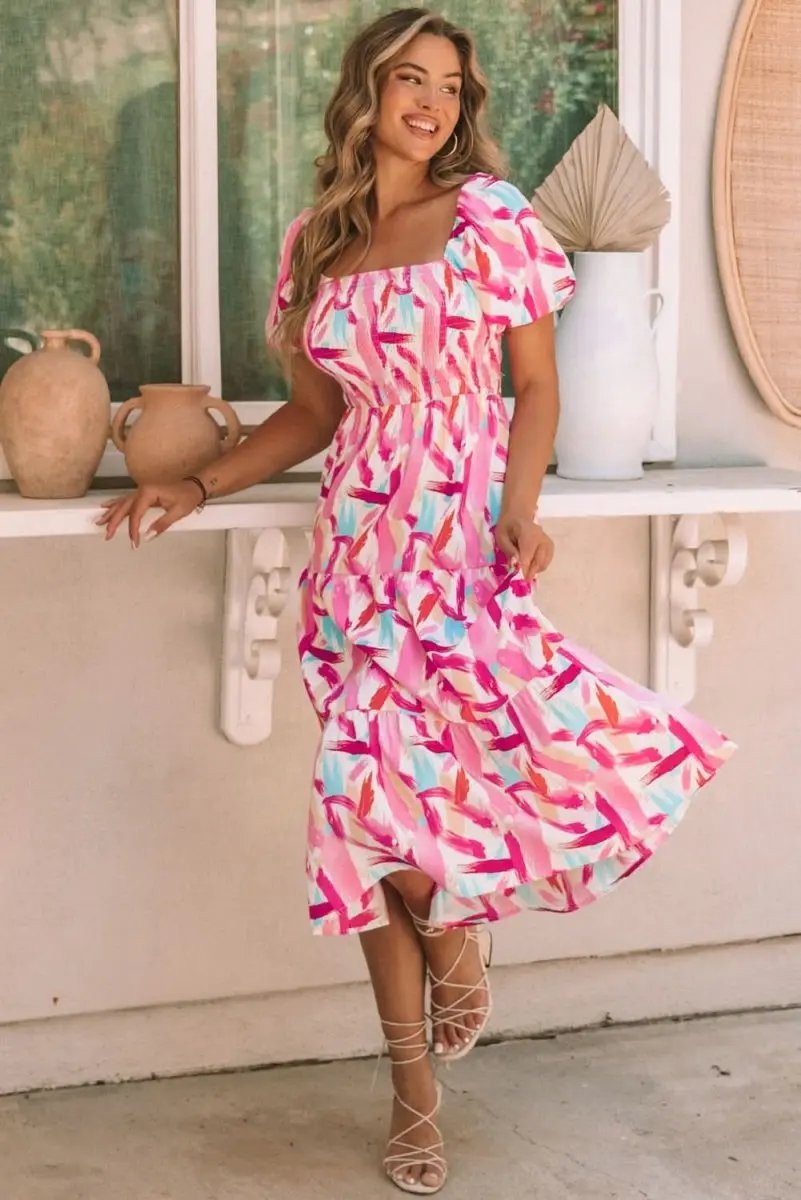 Dress - Pink Smocked Ruffle Tiered A-Line - Southern Belle Summer