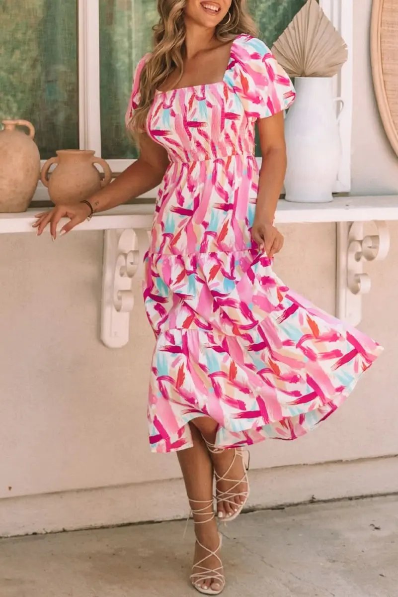 Dress - Pink Smocked Ruffle Tiered A-Line - Southern Belle Summer