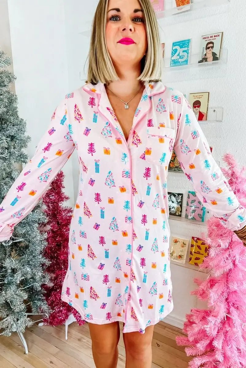Love Salve Pink Christmas Print Women's Sleep Dress Home Loungewear Comfy Soft