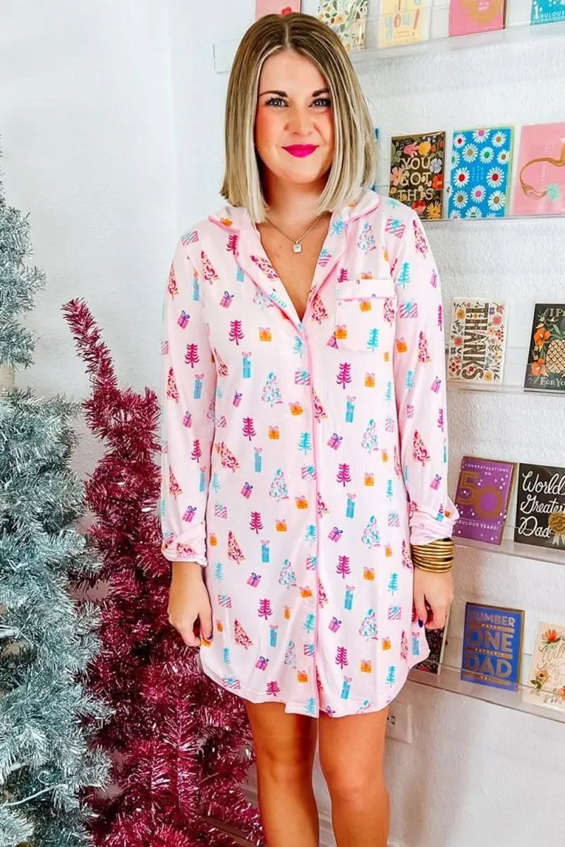 Love Salve Pink Christmas Print Women's Sleep Dress Home Loungewear Comfy Soft