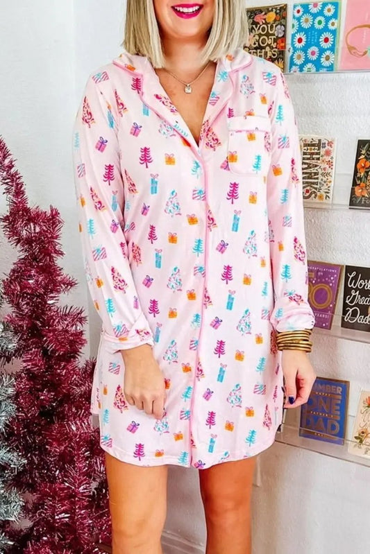 Love Salve Pink Christmas Print Women's Sleep Dress Home Loungewear Comfy Soft