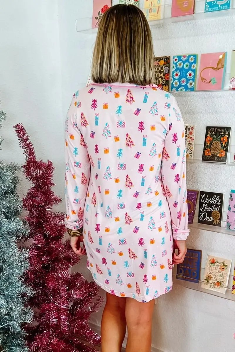 Love Salve Pink Christmas Print Women's Sleep Dress Home Loungewear Comfy Soft