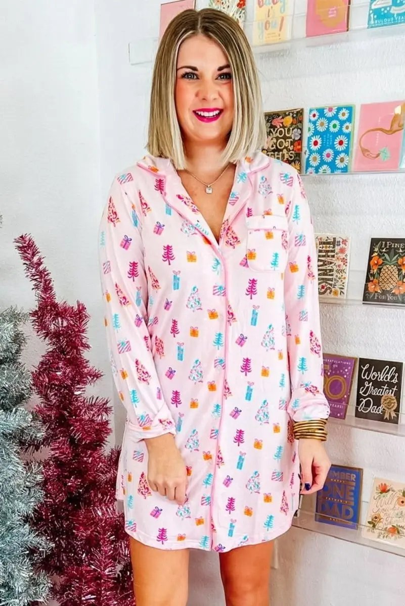 Love Salve Pink Christmas Print Women's Sleep Dress Home Loungewear Comfy Soft