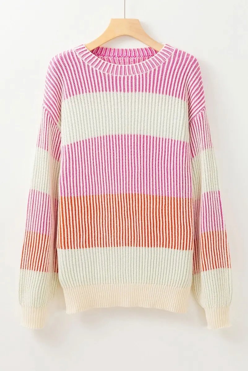 Love Salve Pink Knit Sweater Women's Daily Wear Pullover: Bubble Sleeves, Colorblock