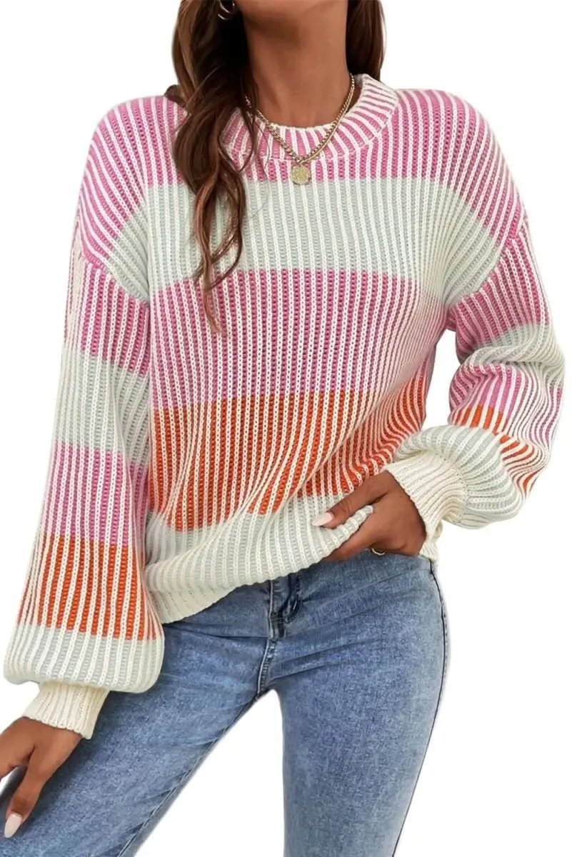 Love Salve Pink Knit Sweater Women's Daily Wear Pullover: Bubble Sleeves, Colorblock