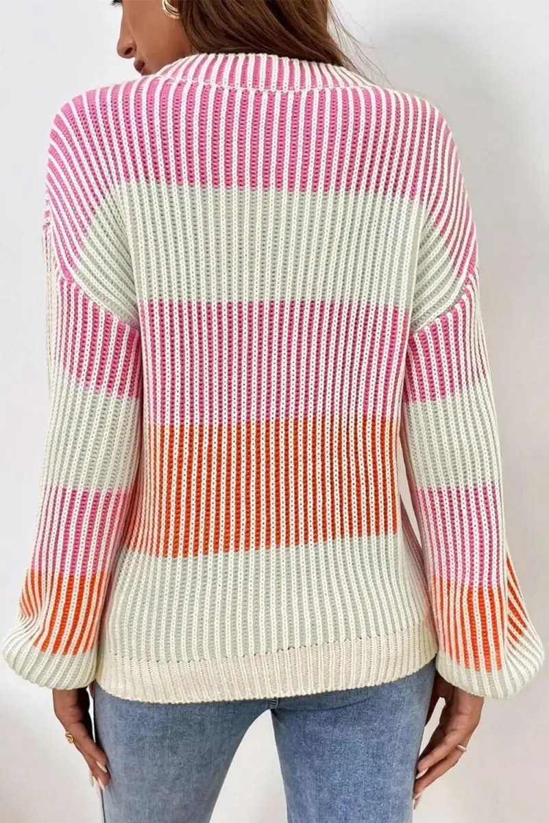 Love Salve Pink Knit Sweater Women's Daily Wear Pullover: Bubble Sleeves, Colorblock