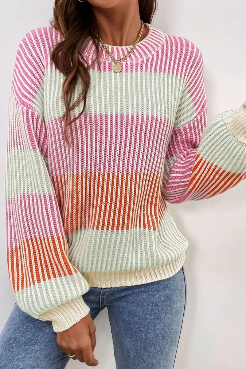 Love Salve Pink Knit Sweater Women's Daily Wear Pullover: Bubble Sleeves, Colorblock