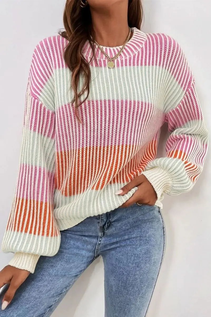 Love Salve Pink Knit Sweater Women's Daily Wear Pullover: Bubble Sleeves, Colorblock