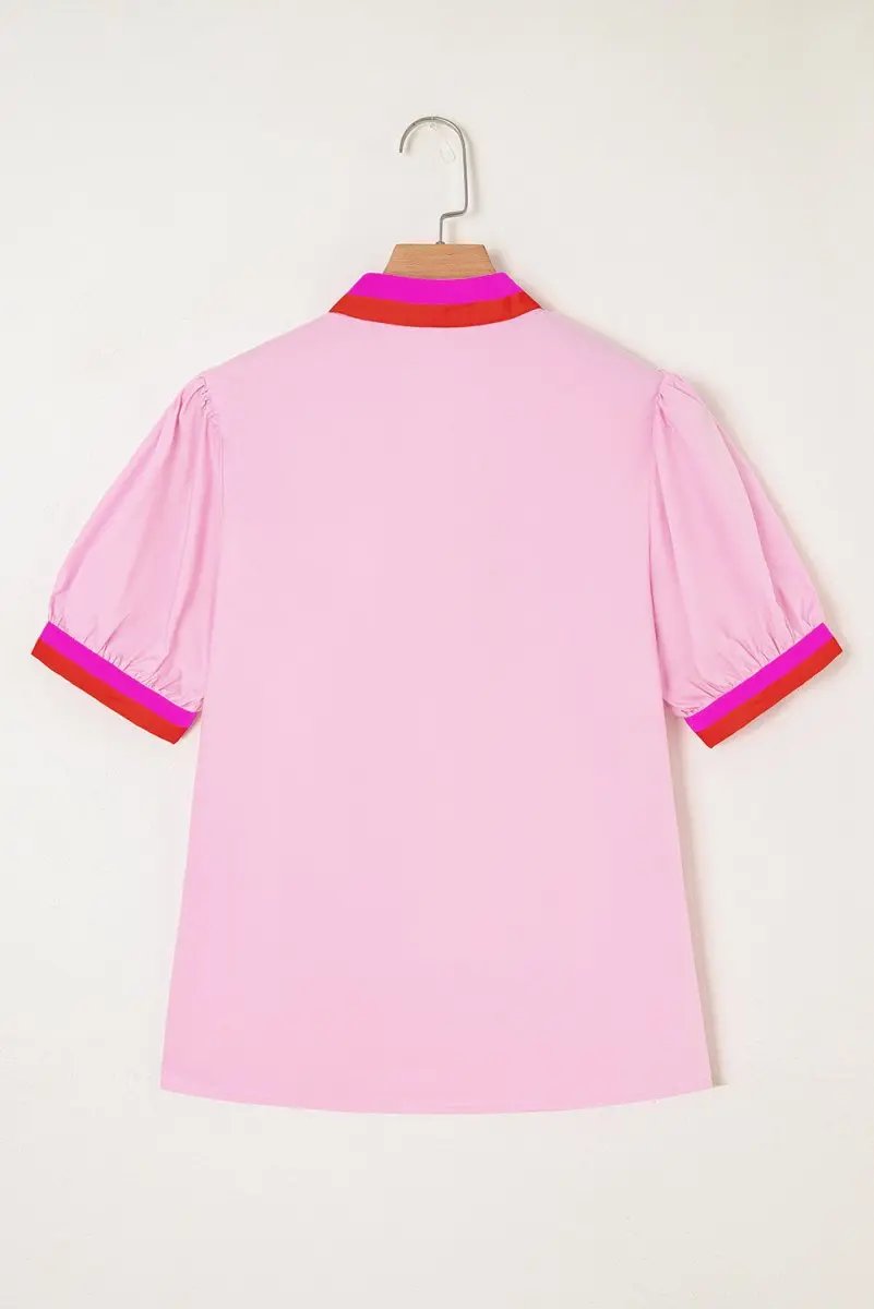 Women's Blouse - Pink Striped Puff Sleeve - Chic Daily Wear Top