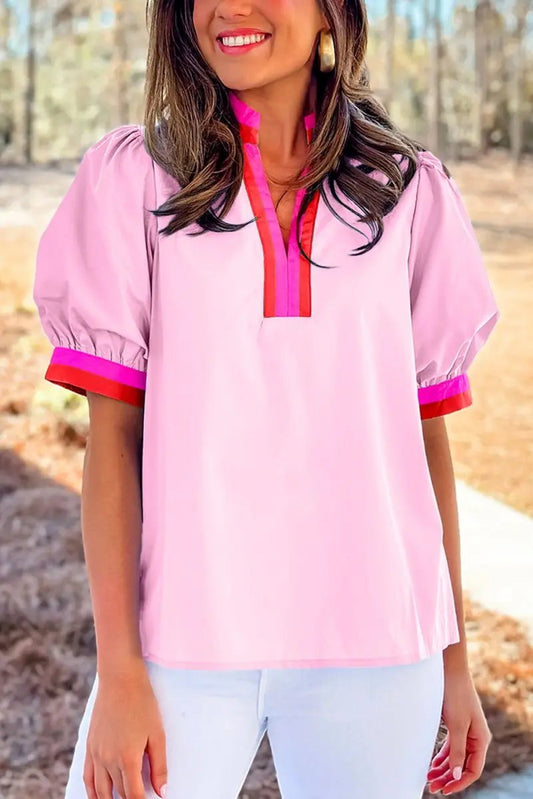 Women's Blouse - Pink Striped Puff Sleeve - Chic Daily Wear Top