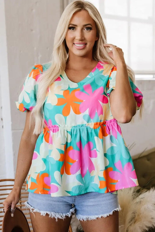 Love Salve Pink Floral Blouse Women's Daily Southern Belle Top: Puff Sleeve V-Neck