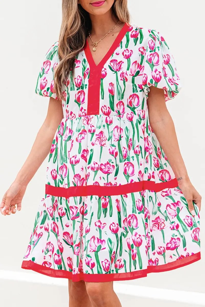 Love Salve Pink Floral Babydoll Dress Women's Summer Casual V Neck Cute