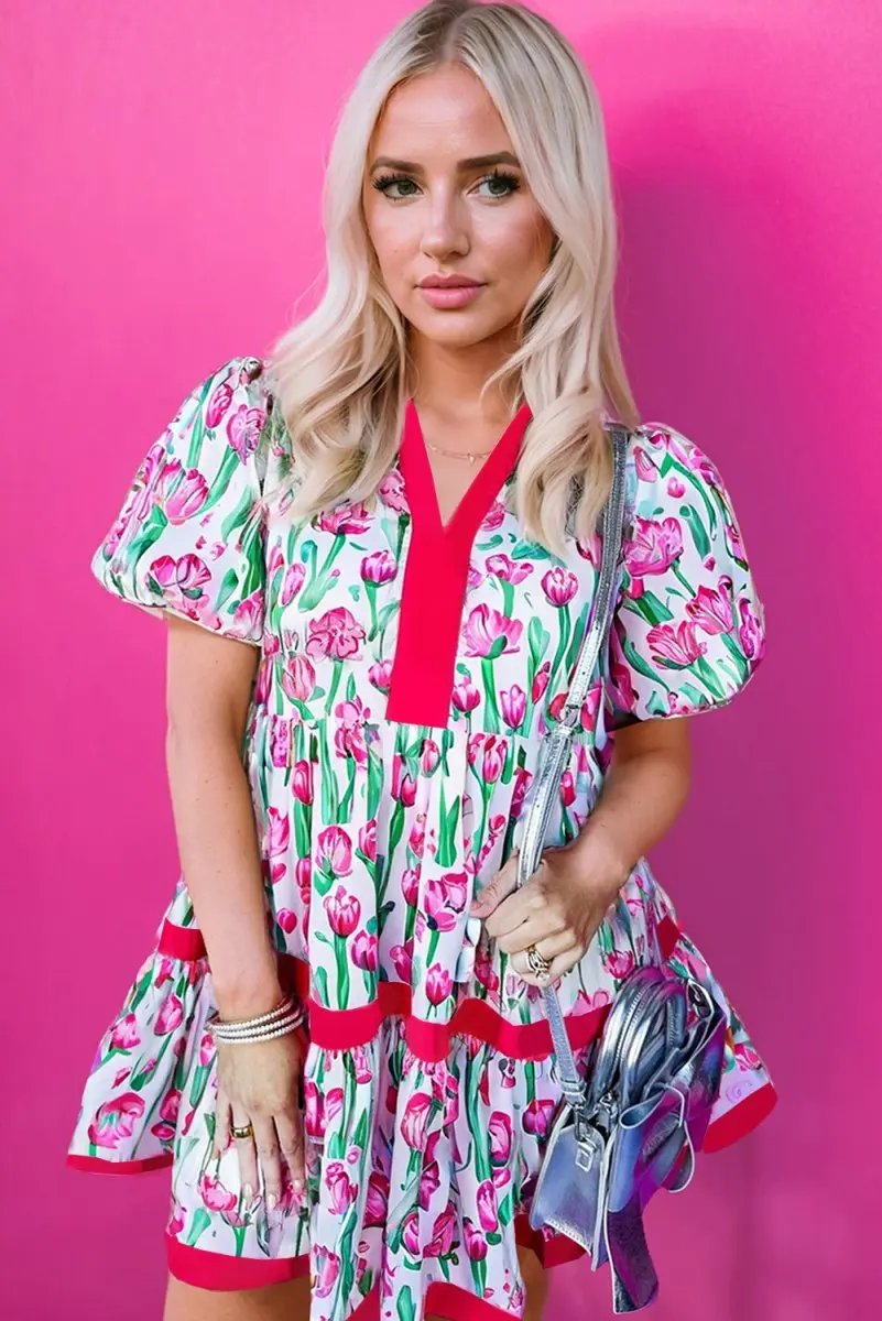 Love Salve Pink Floral Babydoll Dress Women's Summer Casual V Neck Cute