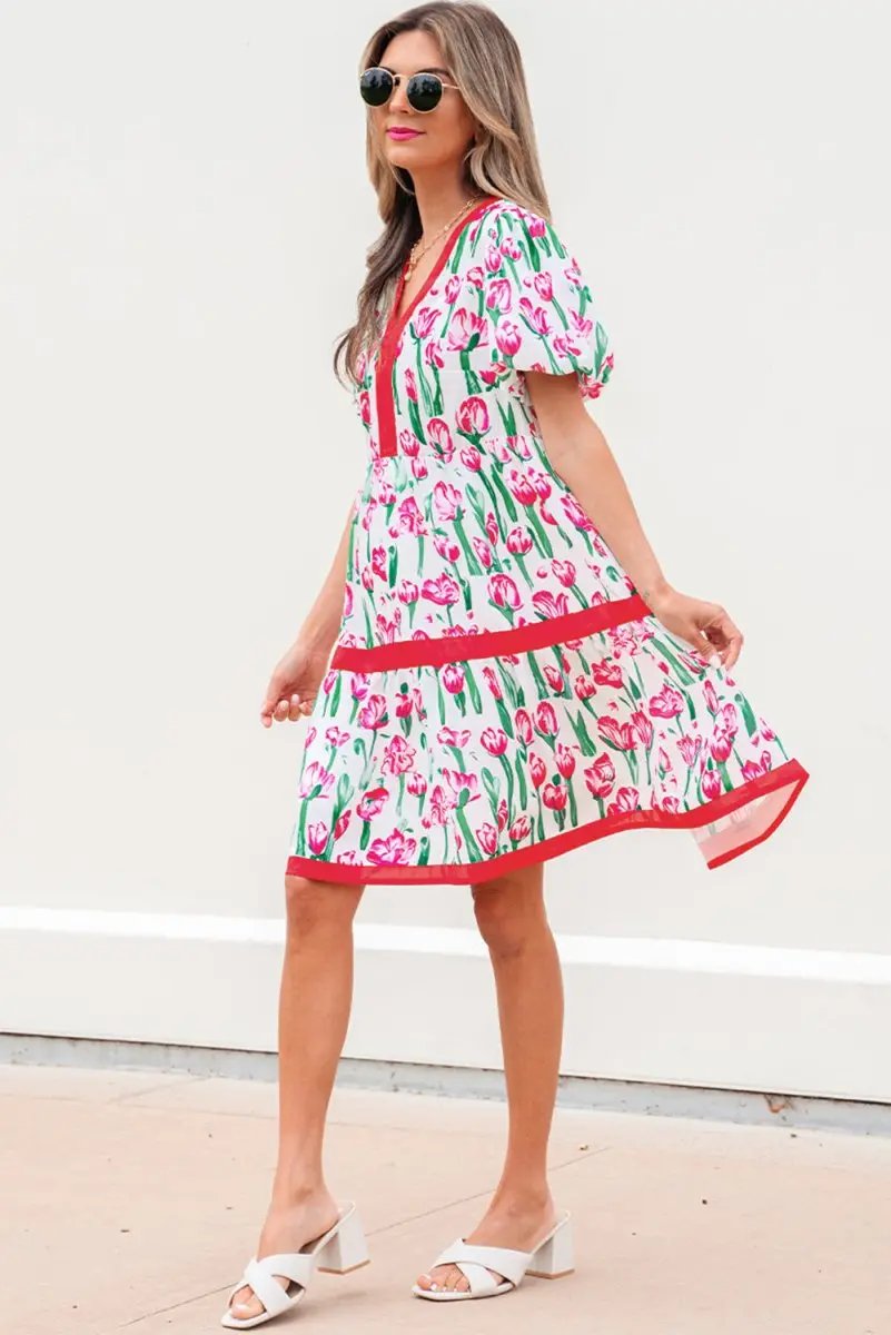 Love Salve Pink Floral Babydoll Dress Women's Summer Casual V Neck Cute