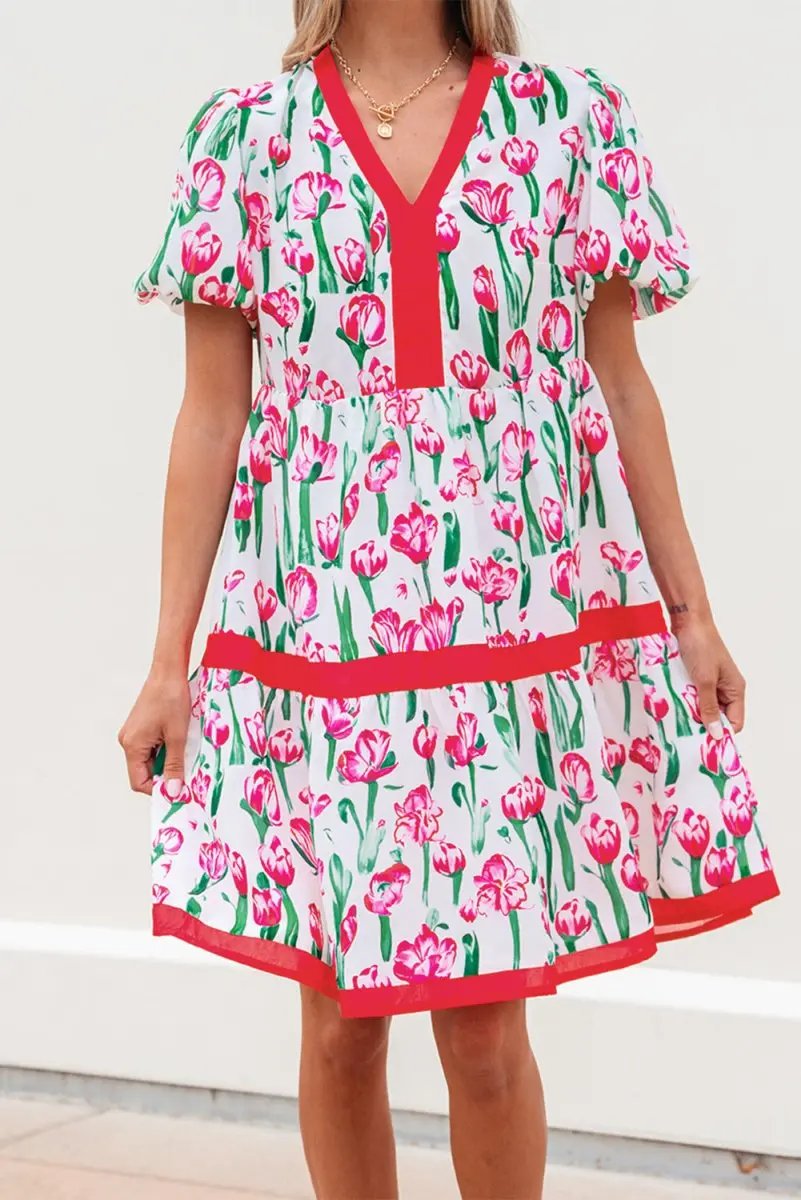 Love Salve Pink Floral Babydoll Dress Women's Summer Casual V Neck Cute