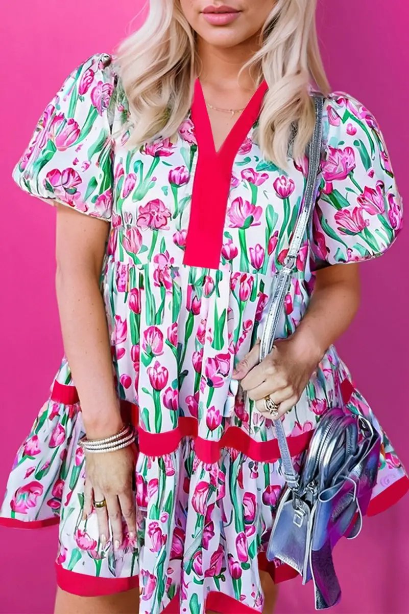 Love Salve Pink Floral Babydoll Dress Women's Summer Casual V Neck Cute