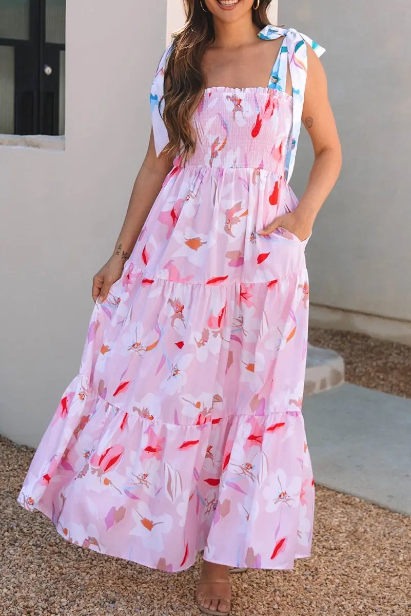Love Salve Pink Floral Maxi Dress Women's Vacation Smocked A-Line Dress: Southern Belle Style