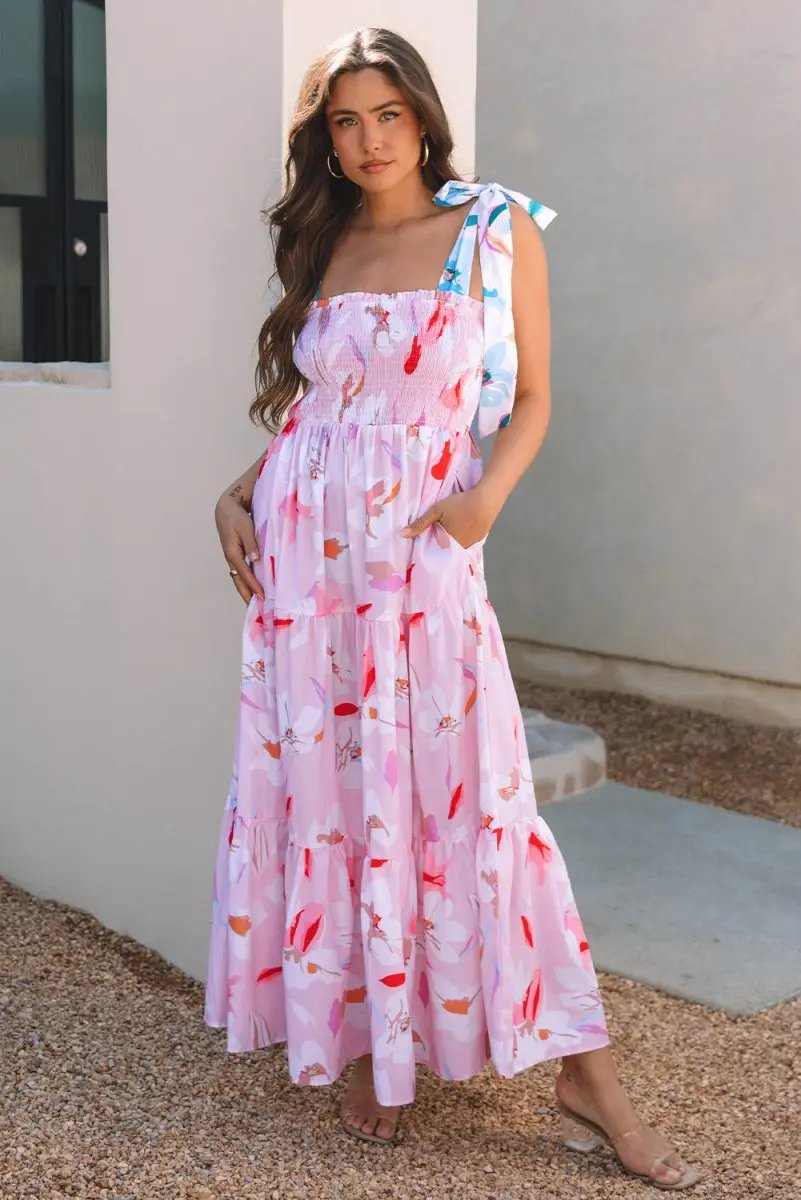 Love Salve Pink Floral Maxi Dress Women's Vacation Smocked A-Line Dress: Southern Belle Style