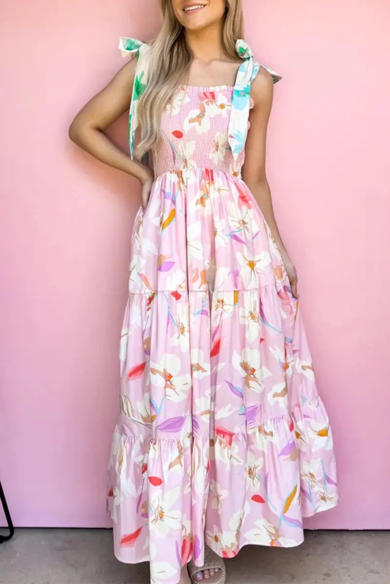 Love Salve Pink Floral Maxi Dress Women's Vacation Smocked A-Line Dress: Southern Belle Style