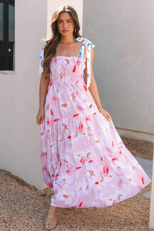 Love Salve Pink Floral Maxi Dress Women's Vacation Smocked A-Line Dress: Southern Belle Style