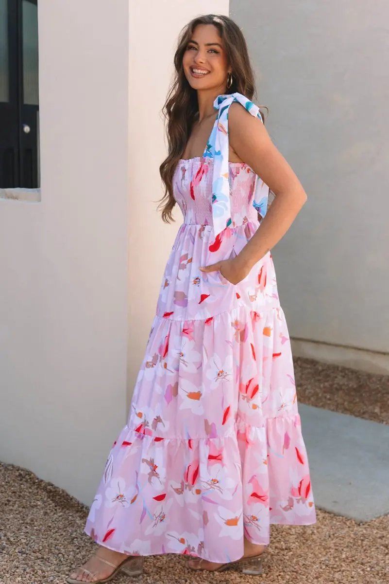 Love Salve Pink Floral Maxi Dress Women's Vacation Smocked A-Line Dress: Southern Belle Style