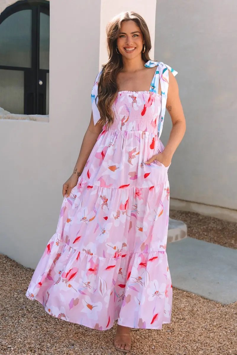 Love Salve Pink Floral Maxi Dress Women's Vacation Smocked A-Line Dress: Southern Belle Style