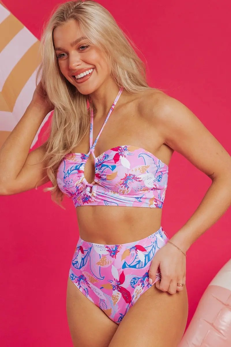 Women's Bikini Set - Pink Floral Halter - High Waist Vacation Style