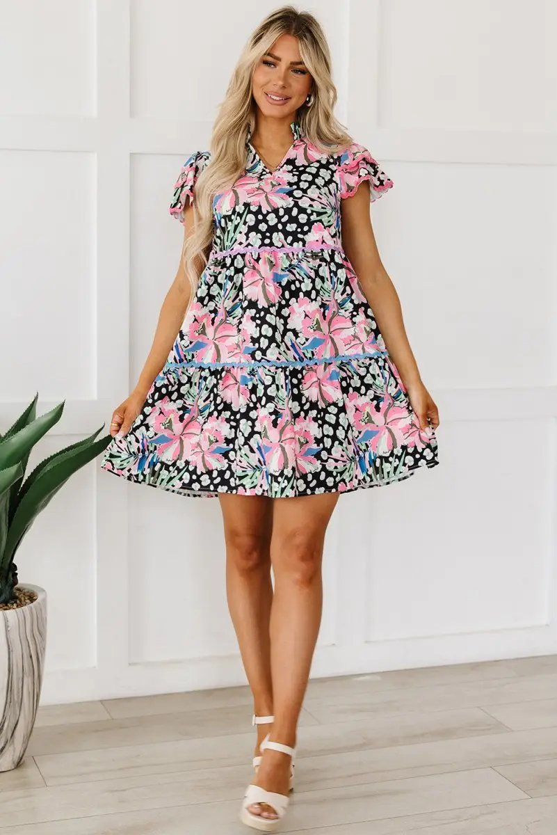 Love Salve Pink Floral Mini Dress Women's Daily Wear Tiered A-Line Ruffle Sleeve