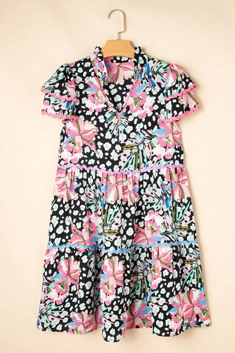 Love Salve Pink Floral Mini Dress Women's Daily Wear Tiered A-Line Ruffle Sleeve
