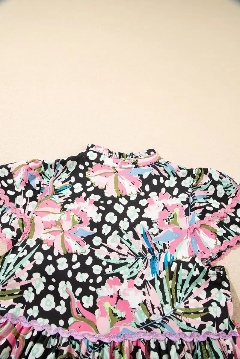 Love Salve Pink Floral Mini Dress Women's Daily Wear Tiered A-Line Ruffle Sleeve