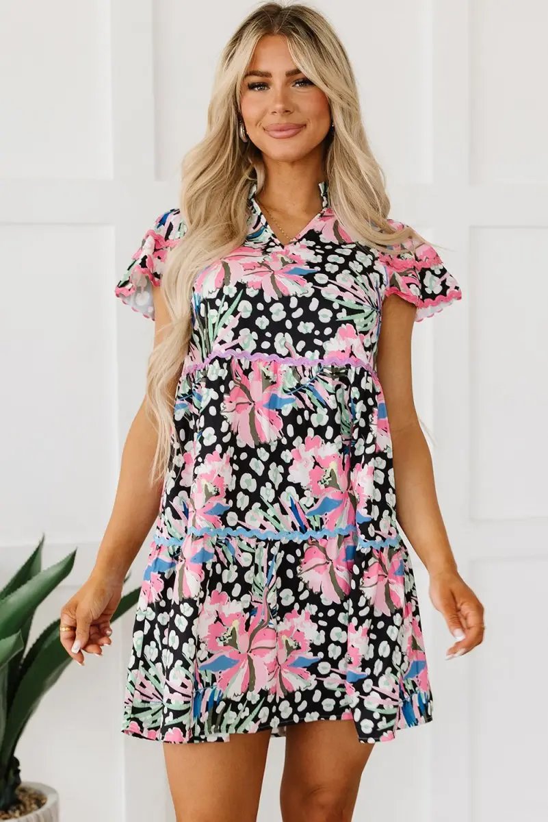 Love Salve Pink Floral Mini Dress Women's Daily Wear Tiered A-Line Ruffle Sleeve