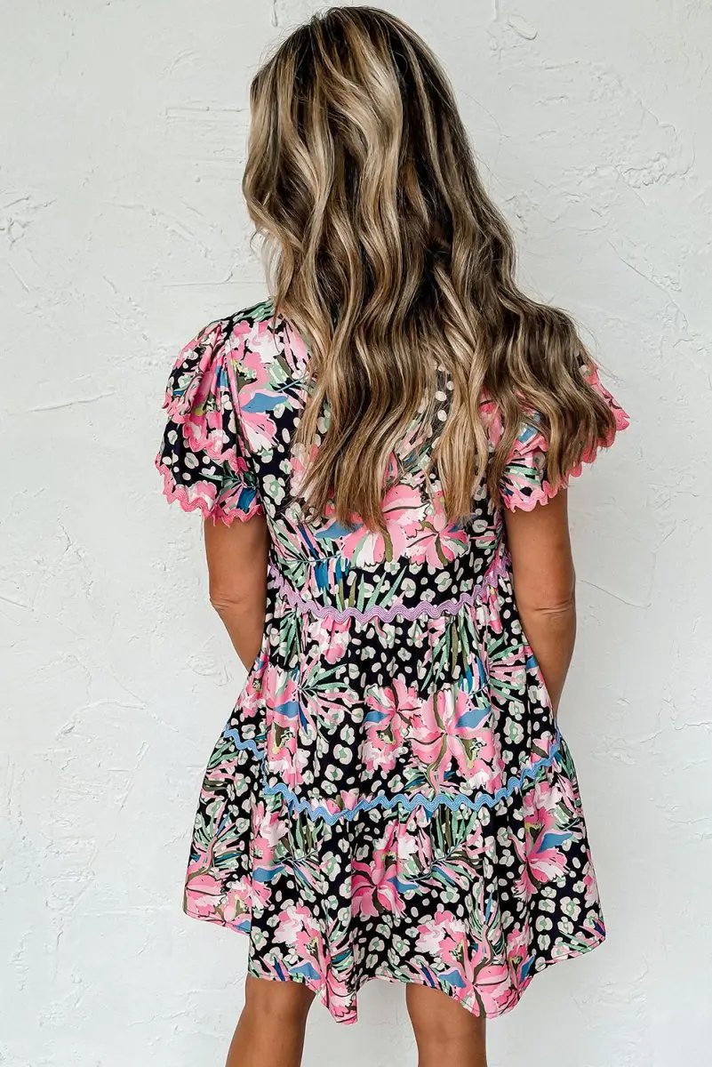 Love Salve Pink Floral Mini Dress Women's Daily Wear Tiered A-Line Ruffle Sleeve