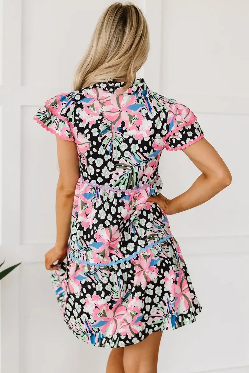 Love Salve Pink Floral Mini Dress Women's Daily Wear Tiered A-Line Ruffle Sleeve