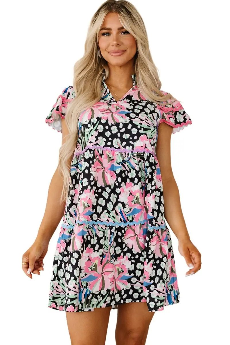 Love Salve Pink Floral Mini Dress Women's Daily Wear Tiered A-Line Ruffle Sleeve