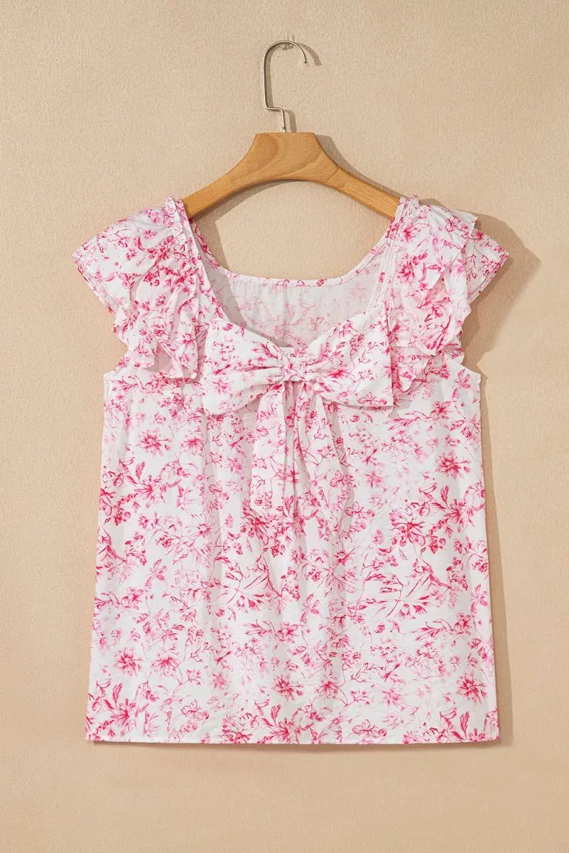 Love Salve Pink Floral Blouse Daily/Vacation Women's Top Ruffle Sleeve Bow Back