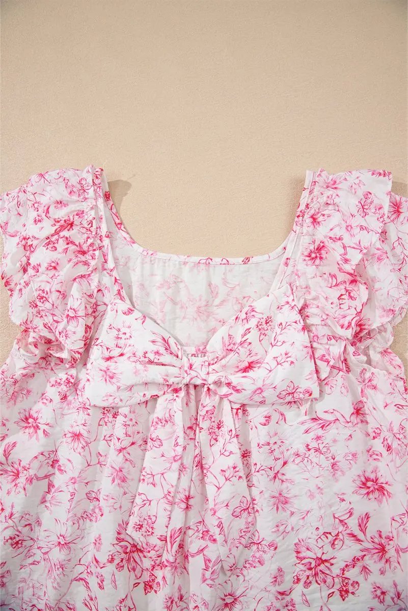 Love Salve Pink Floral Blouse Daily/Vacation Women's Top Ruffle Sleeve Bow Back